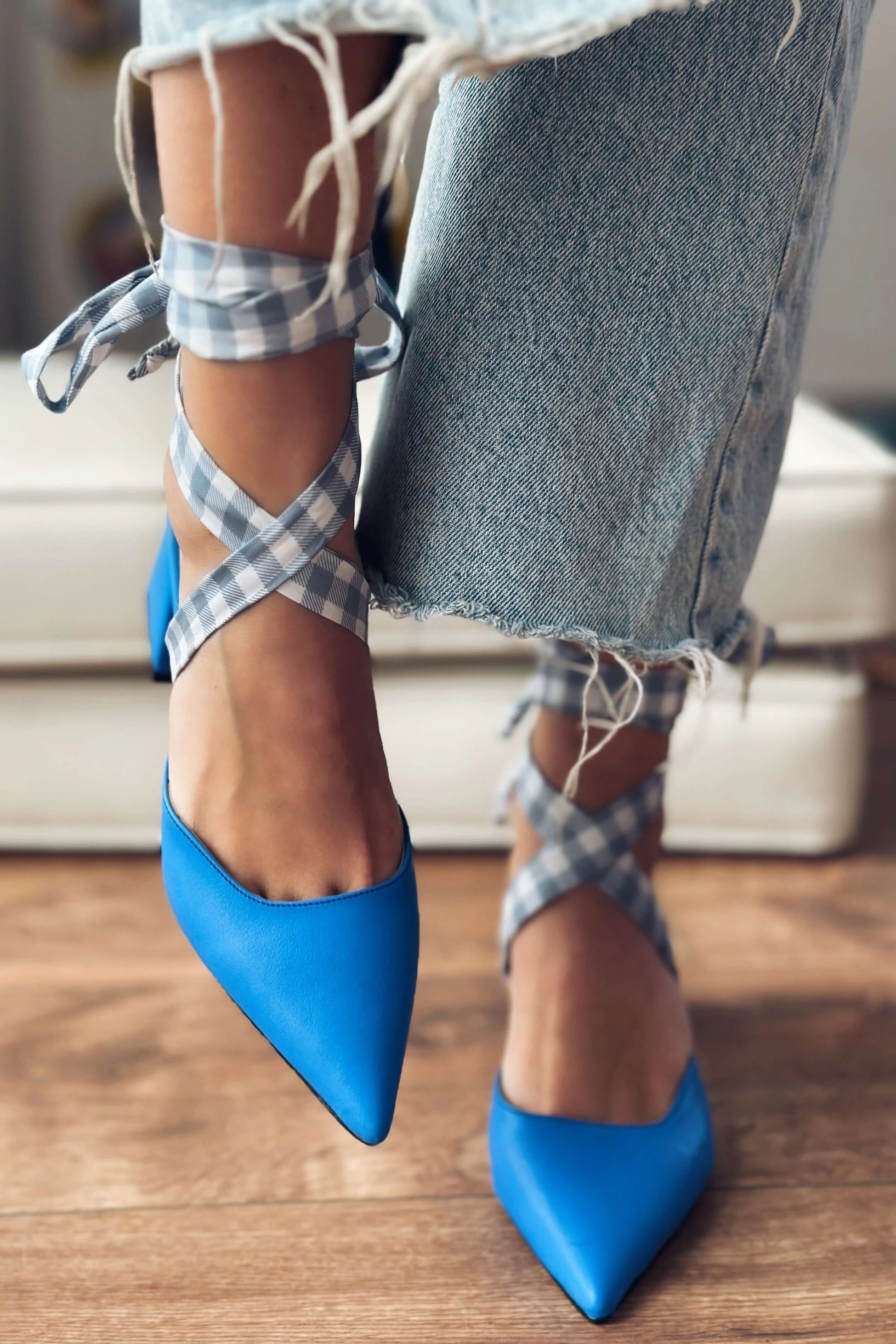 Vikons Mat Deri Ekose Detaylı Kadın Stiletto Mavi