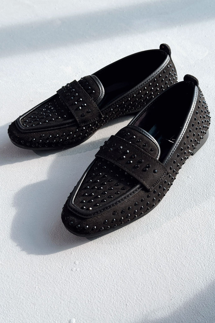 Talori Kadın Loafer Siyah Süet Siyah Taşlı - ILOVESHOES