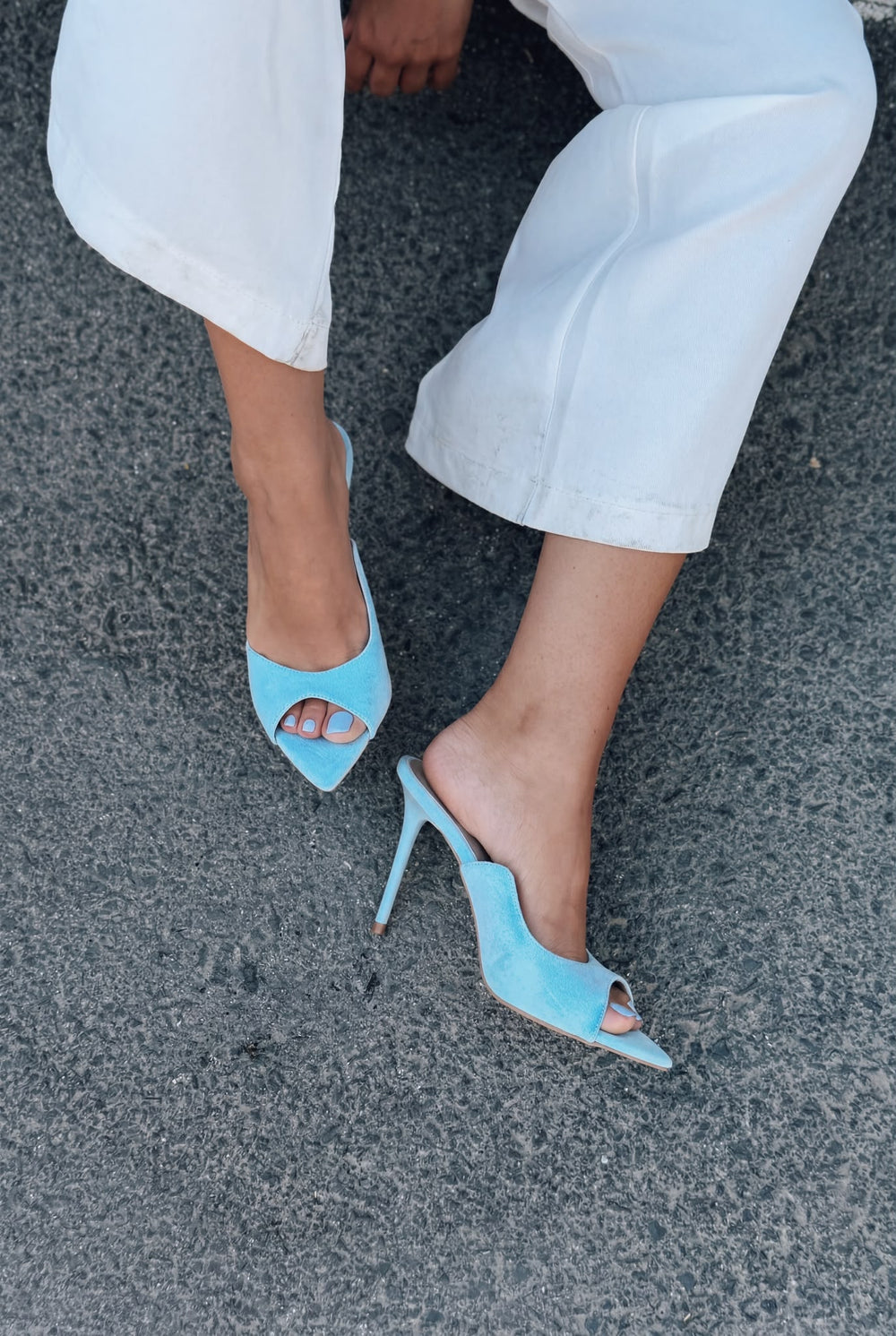 Tenvor Bebek Mavisi Süet Kadın Topuklu Terlik - ILOVESHOES