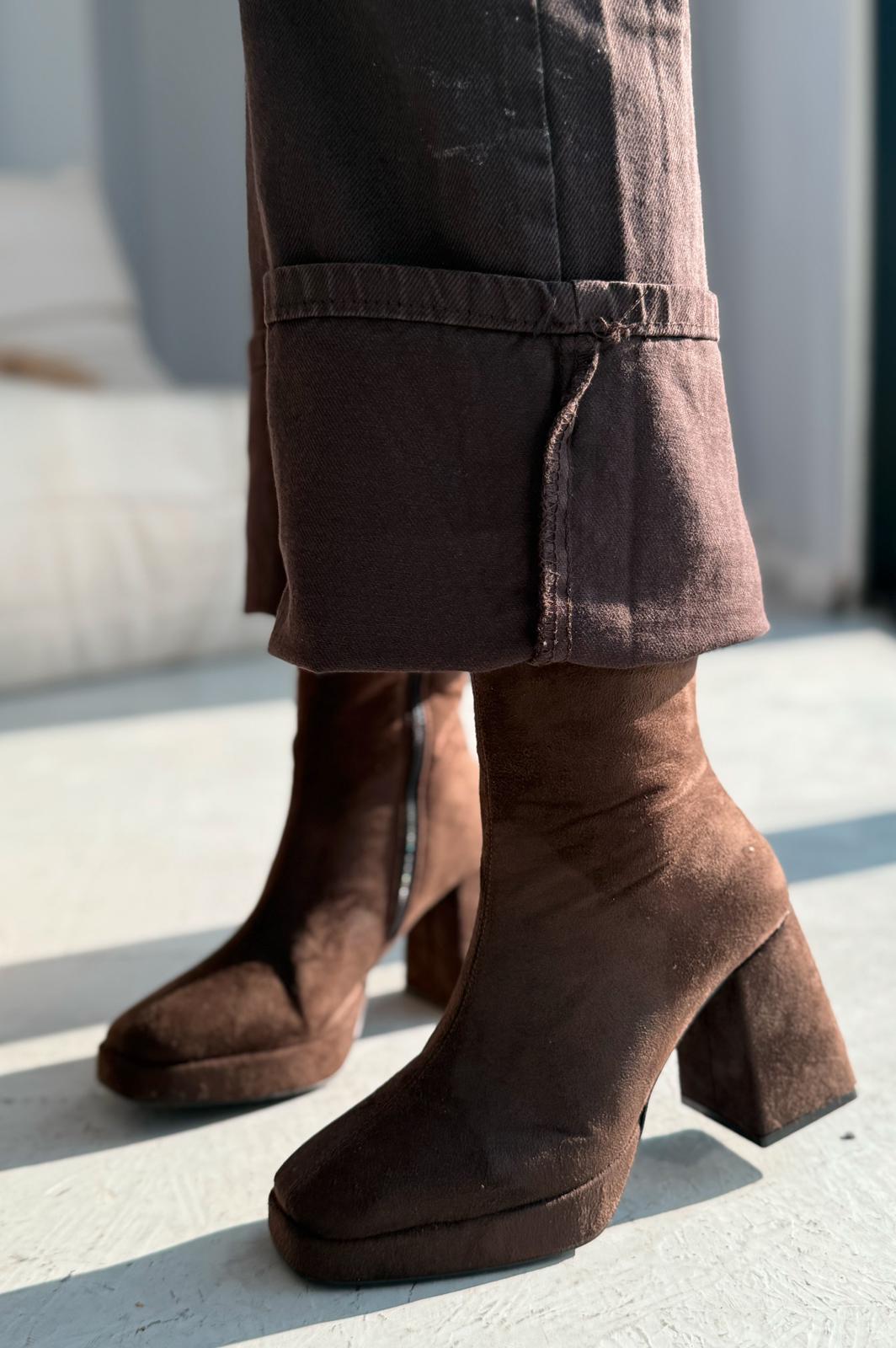 Polinca Süet Platform Topuklu Acı Kahve Kadın Bot - ILOVESHOES