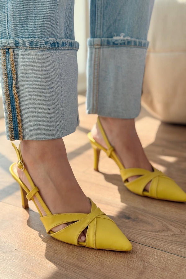 Peraps Mat Deri Yüksek Topuklu Stiletto Sarı - ILOVESHOES