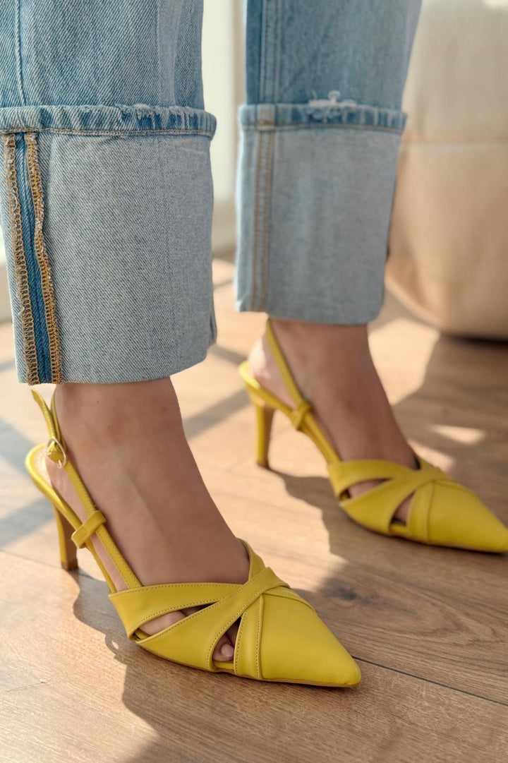 Peraps Mat Deri Yüksek Topuklu Stiletto Sarı - ILOVESHOES