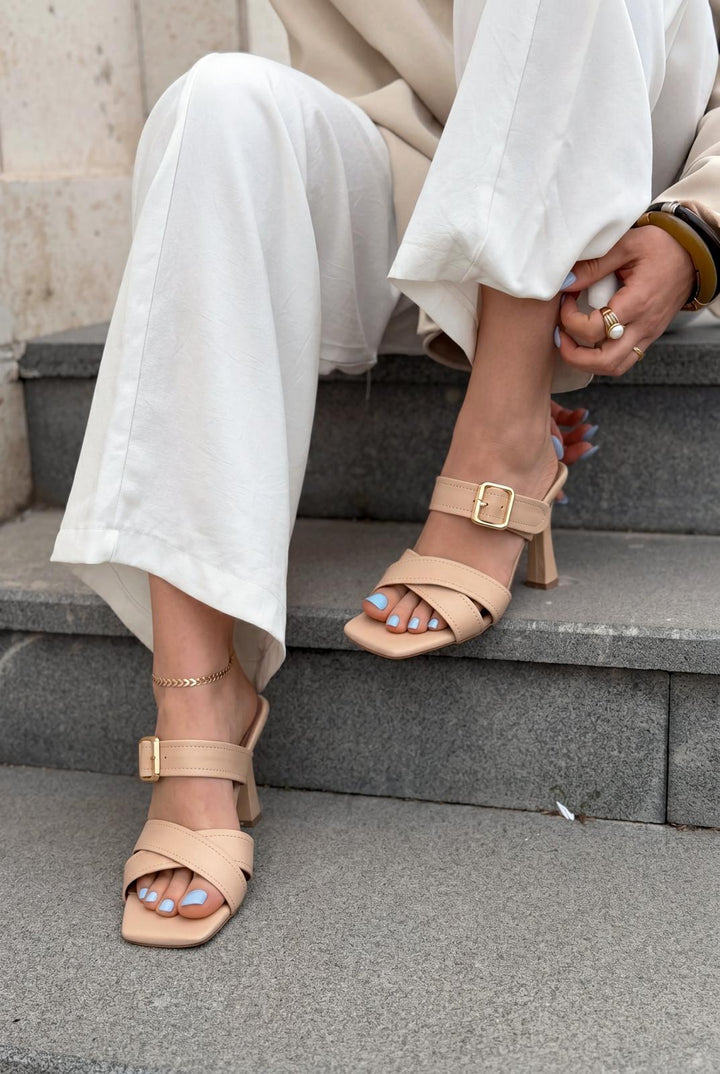 Norden Nude Mat Deri Kadın Topuklu Terlik - ILOVESHOES
