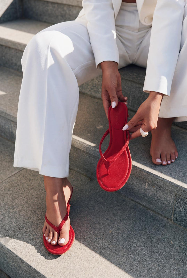 Arlene Kırmızı Mat Deri Kadın Topuklu Parmak Arası Terlik - ILOVESHOES