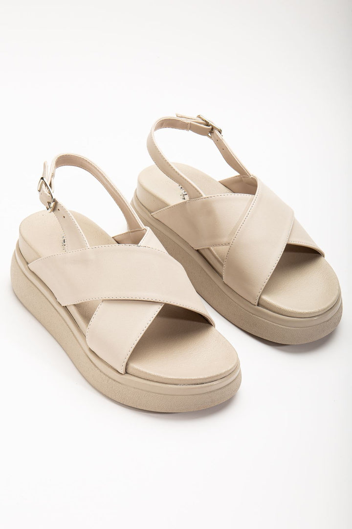 Talinea Mat Bej Çapraz Bantlı Kadın Sandalet - ILOVESHOES