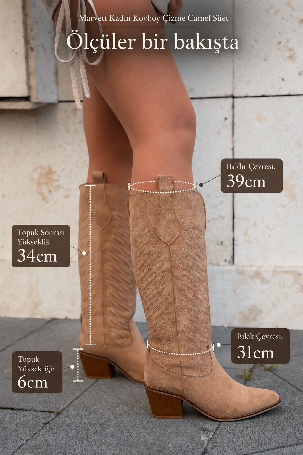 Marvett Kadın Kovboy Çizme Camel Süet - ILOVESHOES