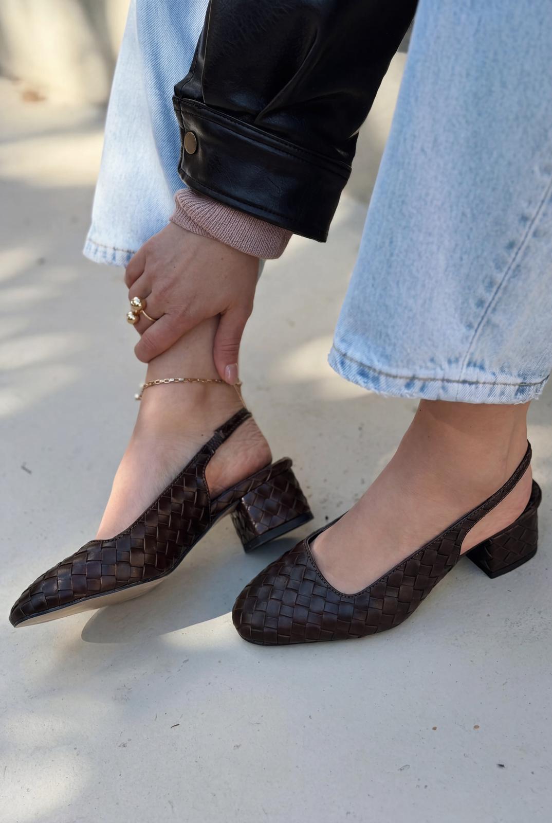 Solen Mary jane Topuklu Ayakkabı Acıkahve Mat Deri Örgü Detaylı - ILOVESHOES