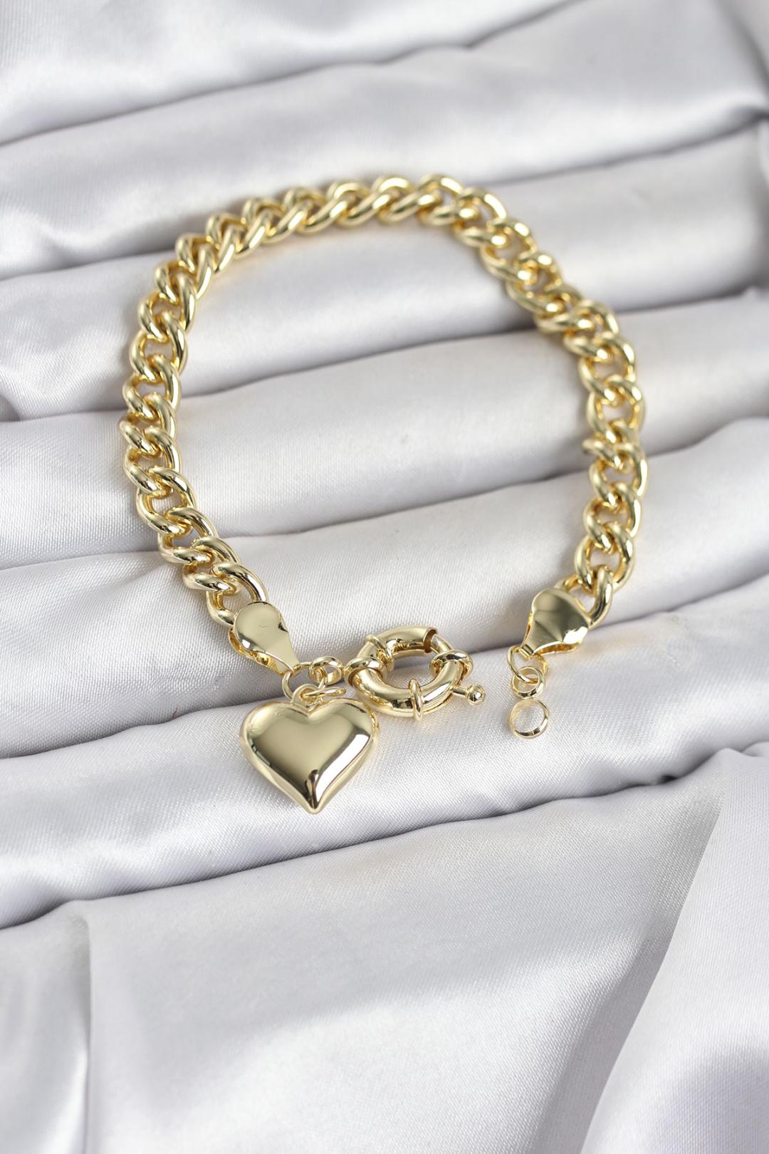 ILS - 1113 Kadın Bileklik Gold Pirinç Ezme Zincir Kalpli - ILOVESHOES