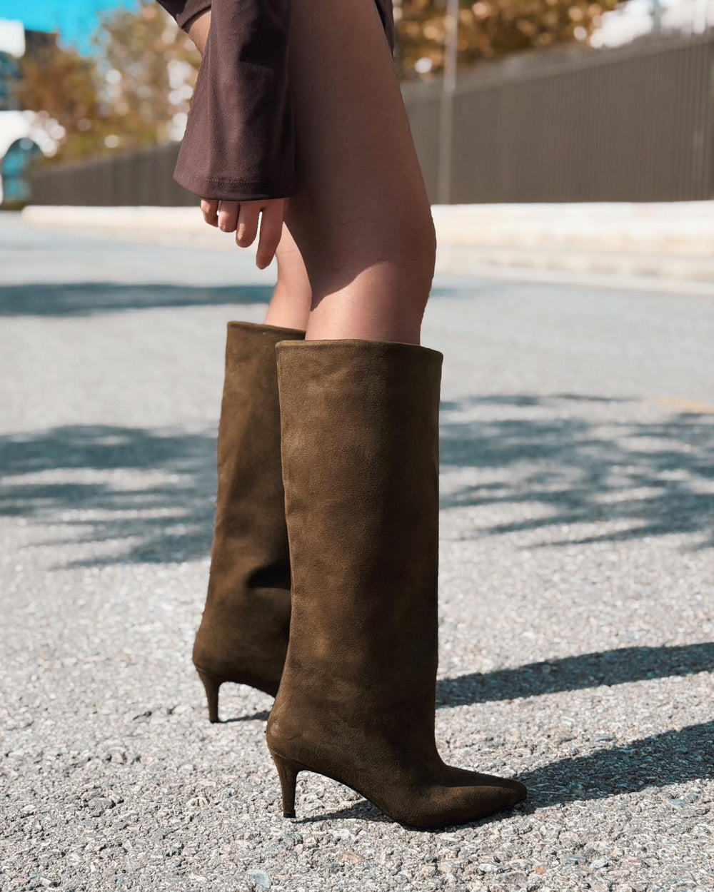 Gwen Kadın Topuklu Çizme Haki Süet - ILOVESHOES