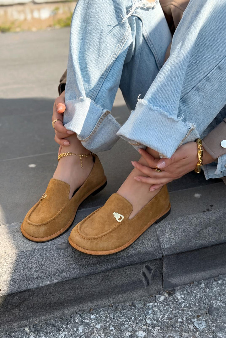Rasen Hakiki Süet Kadın Loafer Taba - ILOVESHOES