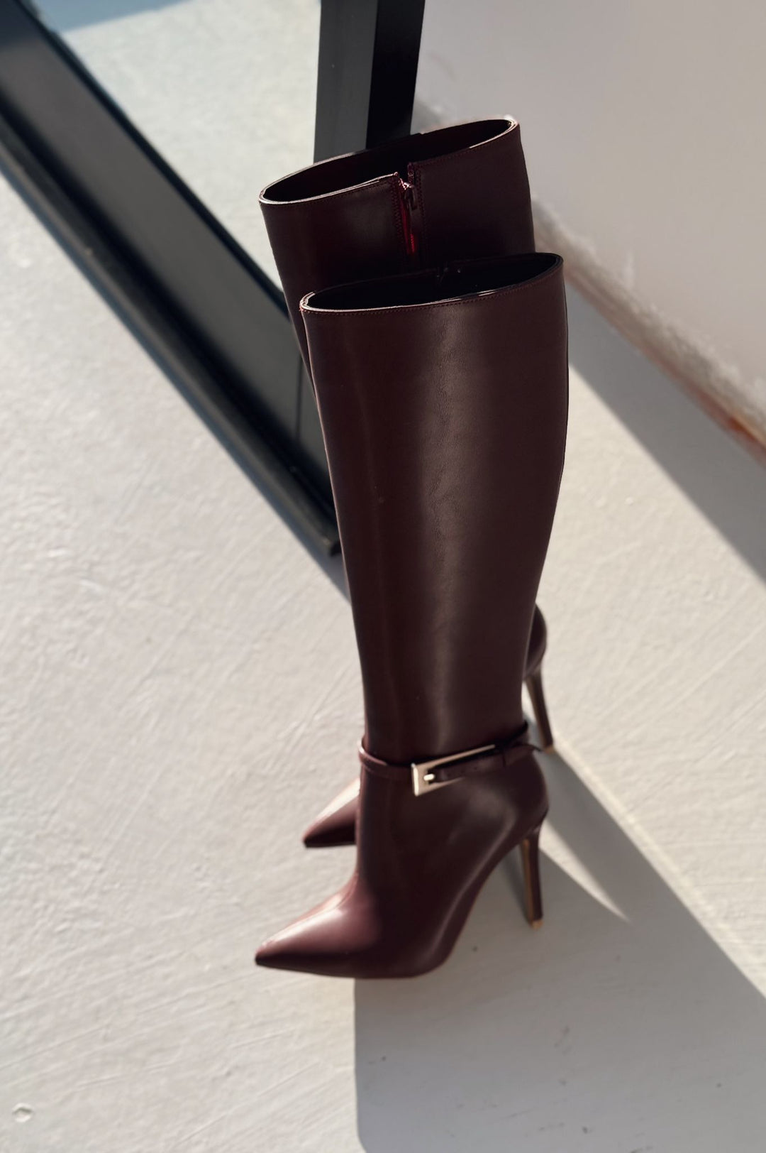 Eswod Matte Leather Buckle Detailed Burgundy Women&