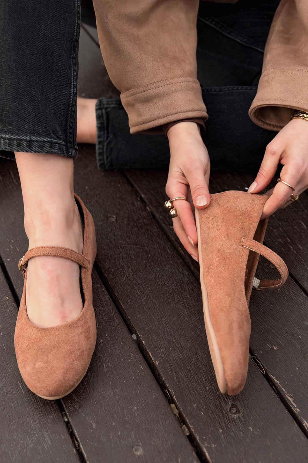 Tenris Kadın Babet Taba Süet Dolgu Topuklu - ILOVESHOES