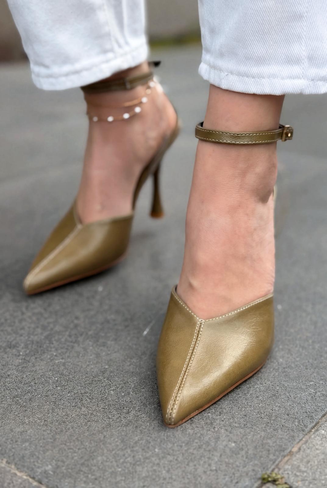 Rovire Stiletto Haki Kırışık Deri - ILOVESHOES