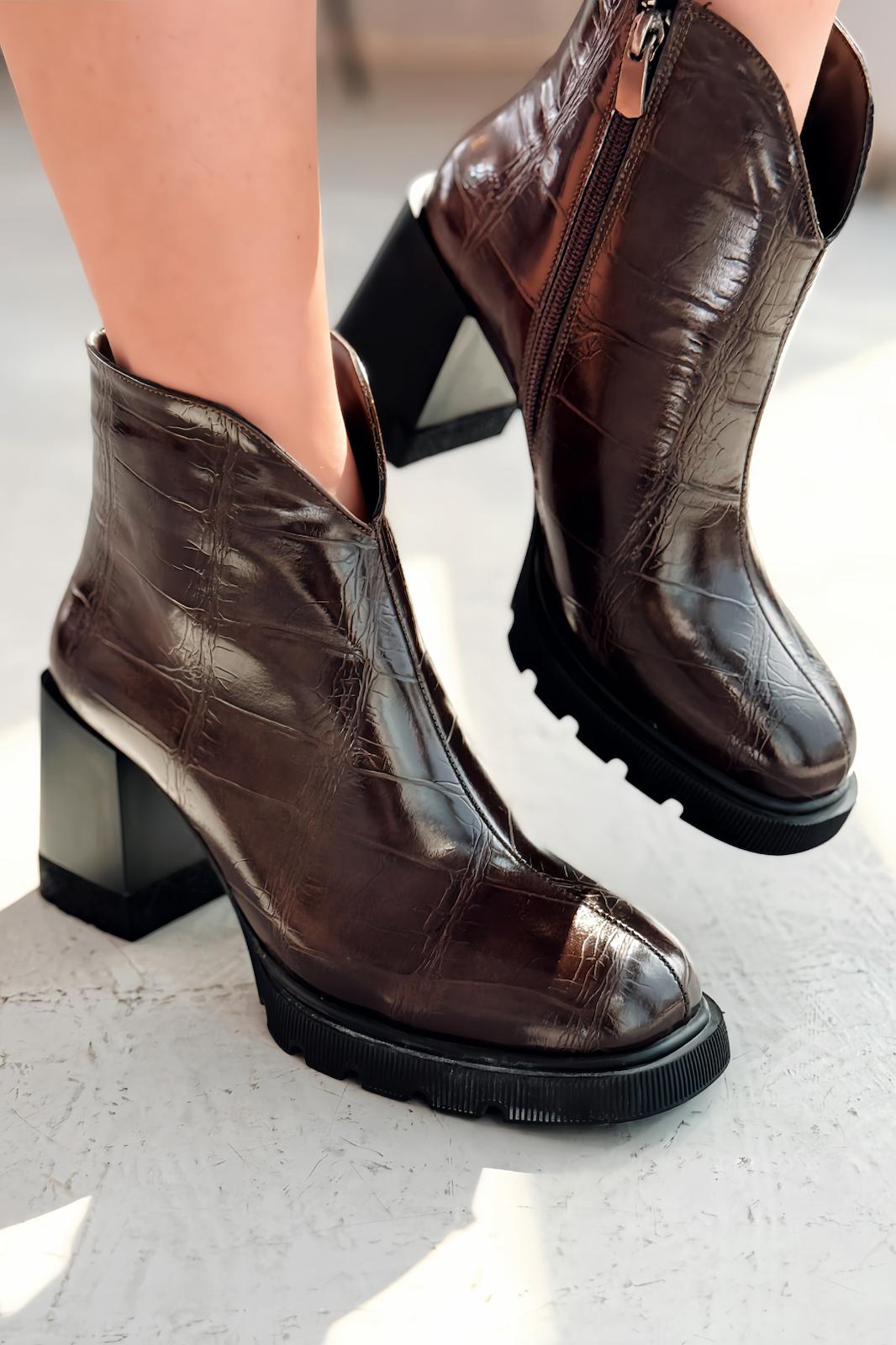 Rancel Kadın Topuklu Bot Acıkahve Parlak Deri - ILOVESHOES