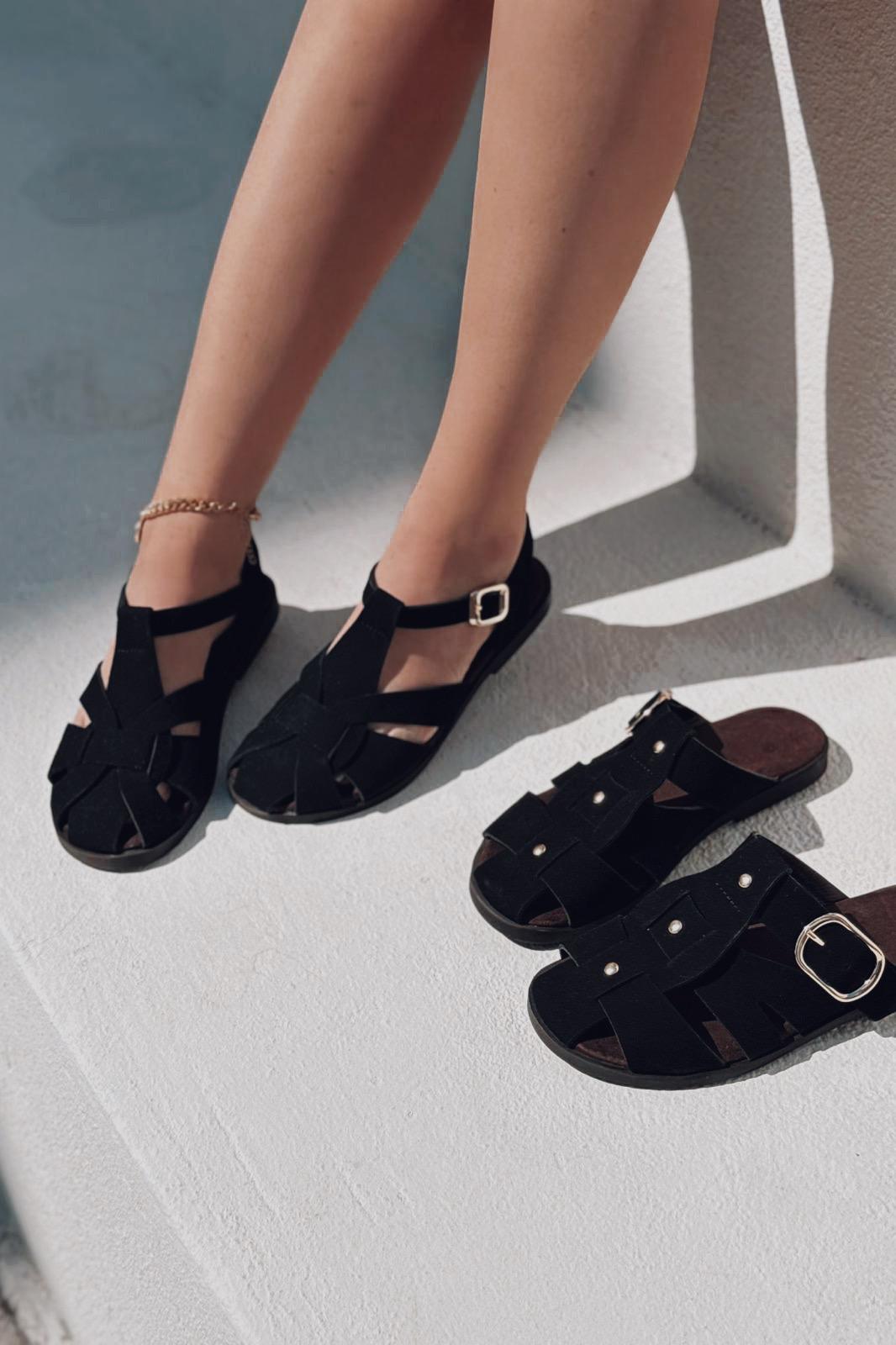 Valen Süet Siyah Düz Kadın Sandalet - ILOVESHOES