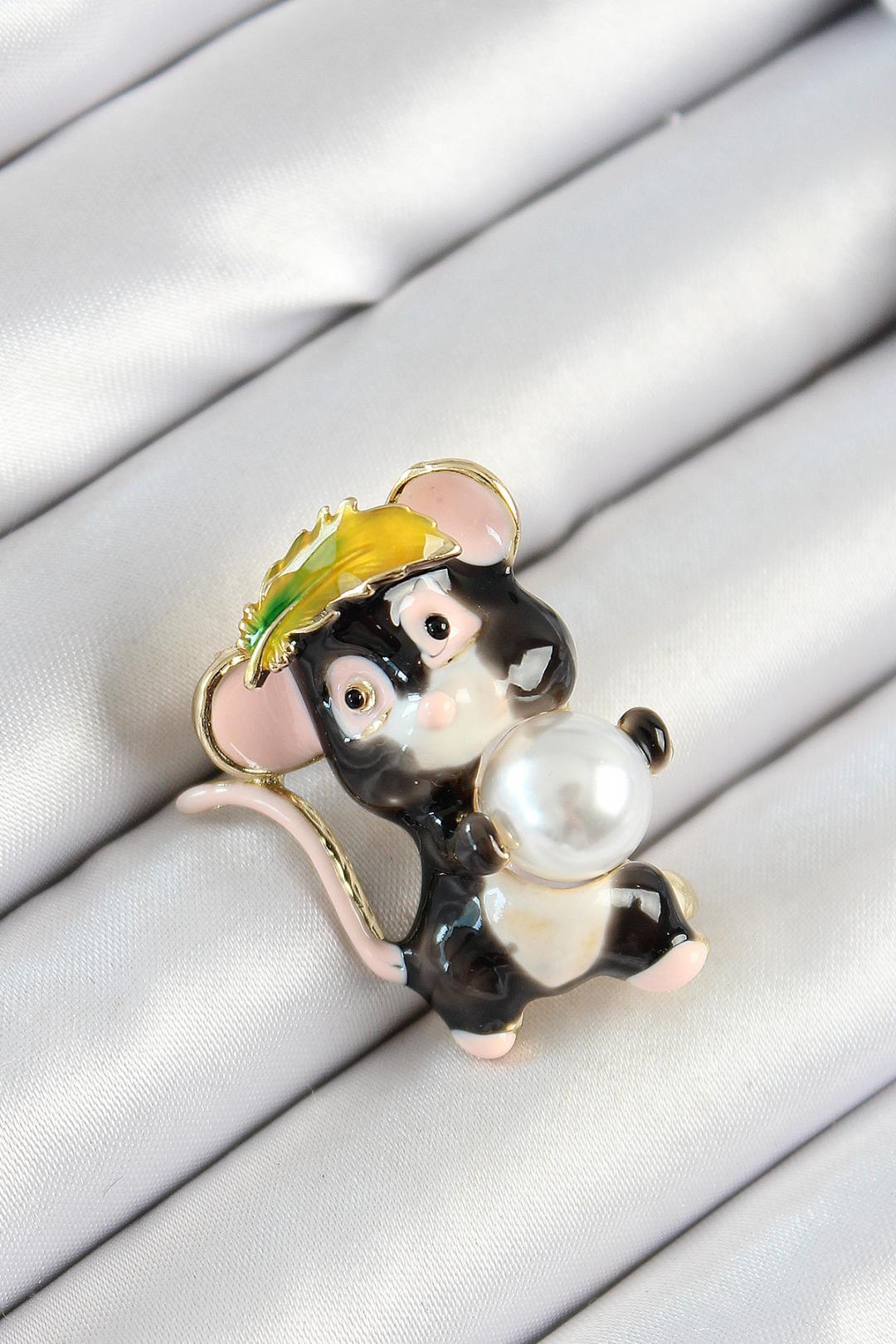 ILS - 1040 Kedi Figürlü Broş İnci Detaylı - ILOVESHOES