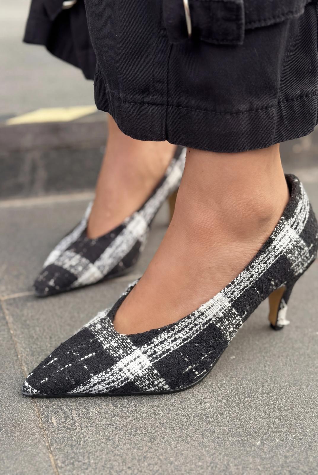 Kairo Stiletto Siyah Tüvit Kumaş Ekoseli - ILOVESHOES