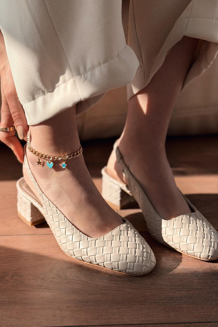 Solen Mary jane Topuklu Ayakkabı Bej Mat Deri Örgü Detaylı - ILOVESHOES