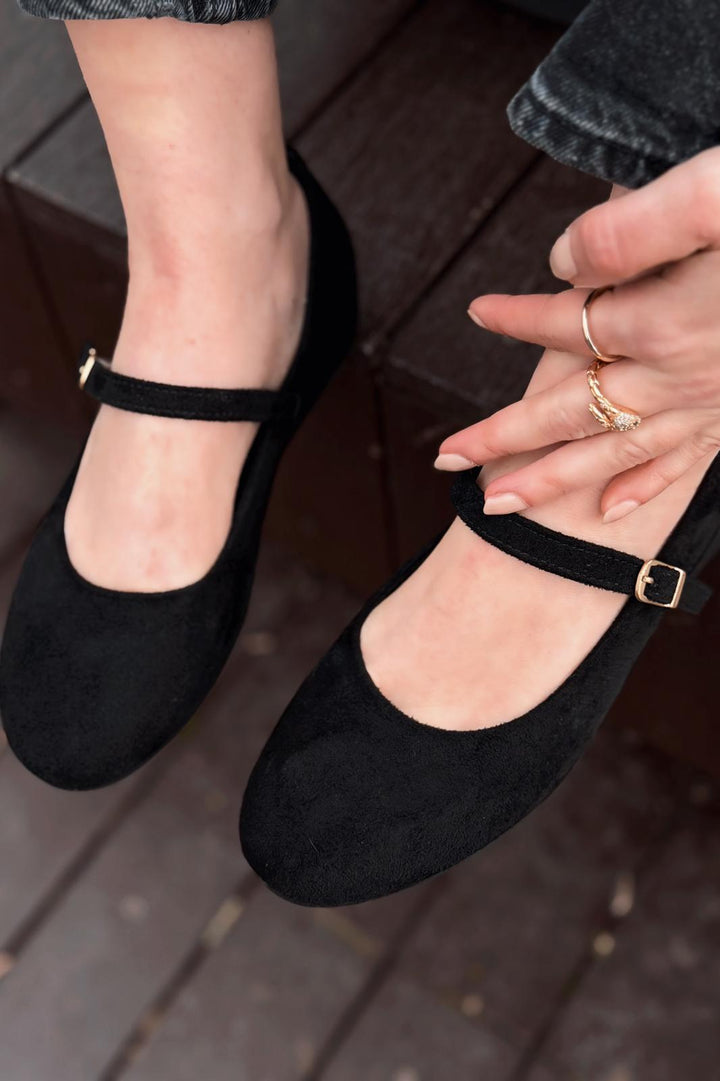 Tenris Kadın Babet Siyah Süet Dolgu Topuklu - ILOVESHOES