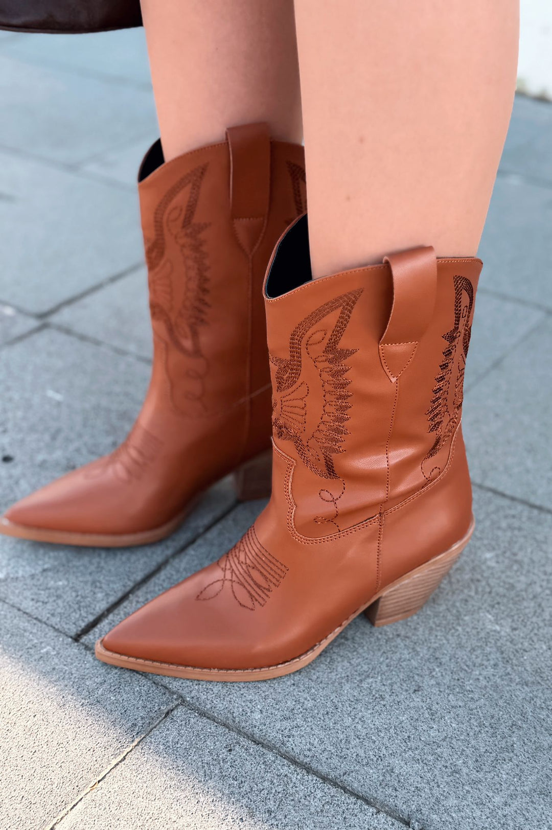 Slaine Kadın Kovboy Bot Taba Mat Deri Nakışlı - ILOVESHOES