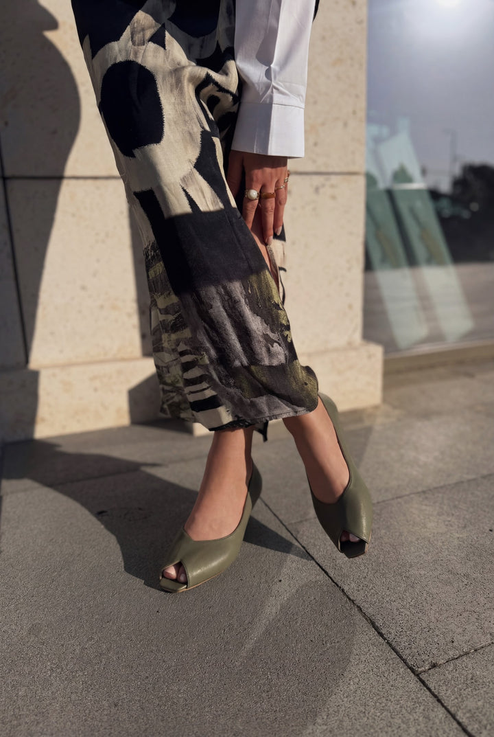 Norvion Hakiki Deri Haki Mat Deri Kadın Topuklu Ayakkabı - ILOVESHOES