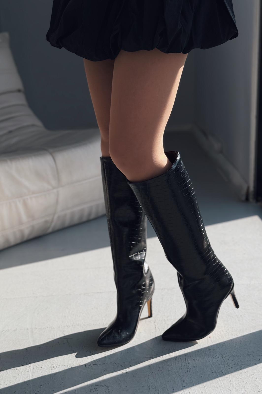 Oslanna Siyah Kroko Günlük Kadın Çizme - ILOVESHOES