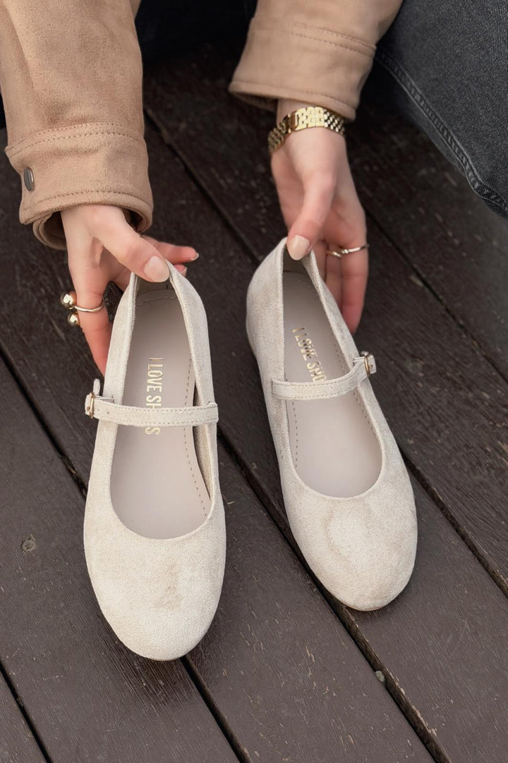 Tenris Kadın Babet Bej Süet Dolgu Topuklu - ILOVESHOES