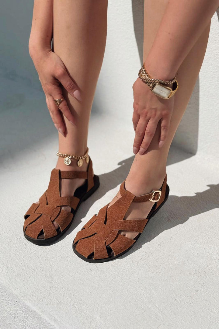 Valen Süet Taba Düz Kadın Sandalet - ILOVESHOES