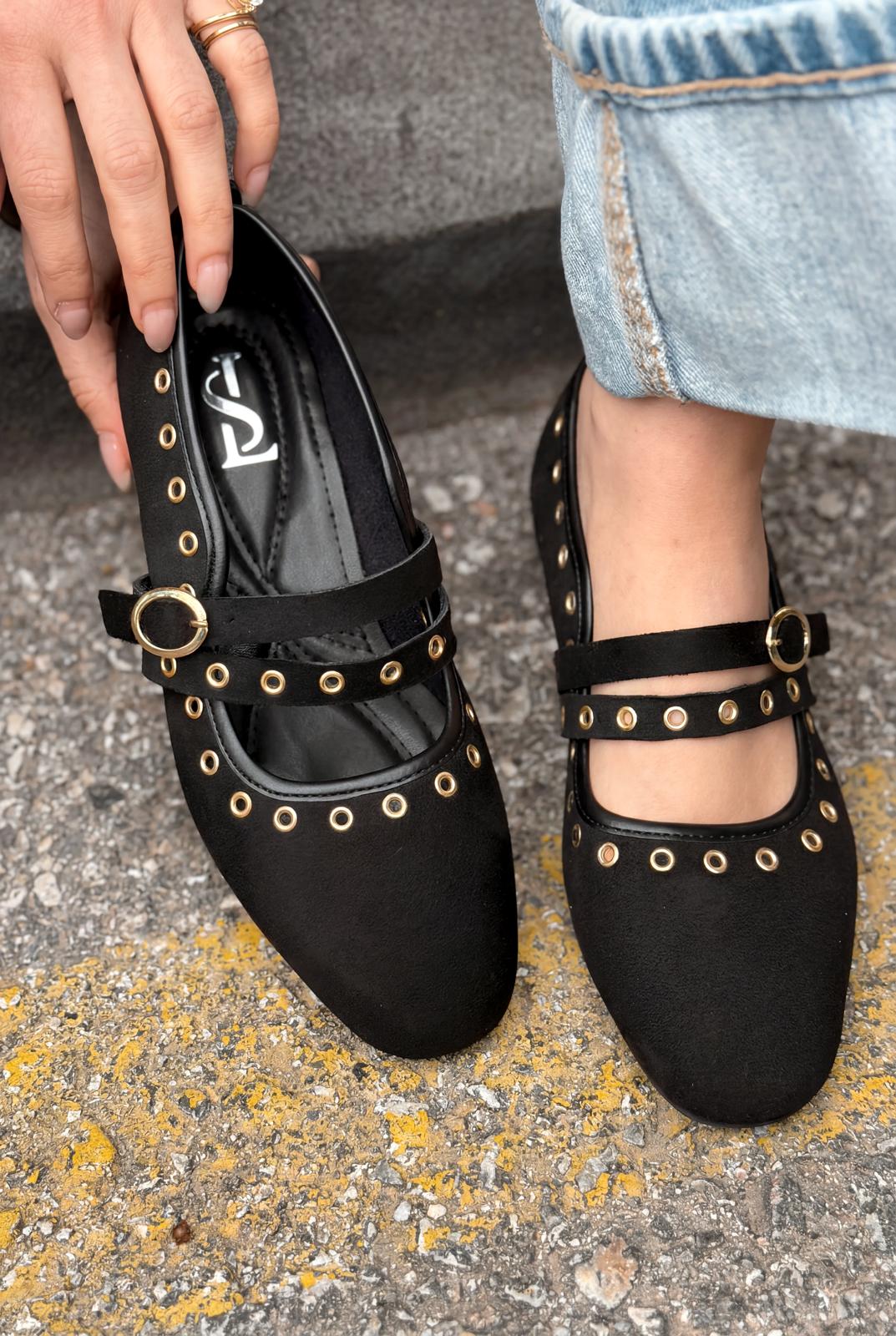 Elia Siyah Süet Kadın Babet - ILOVESHOES