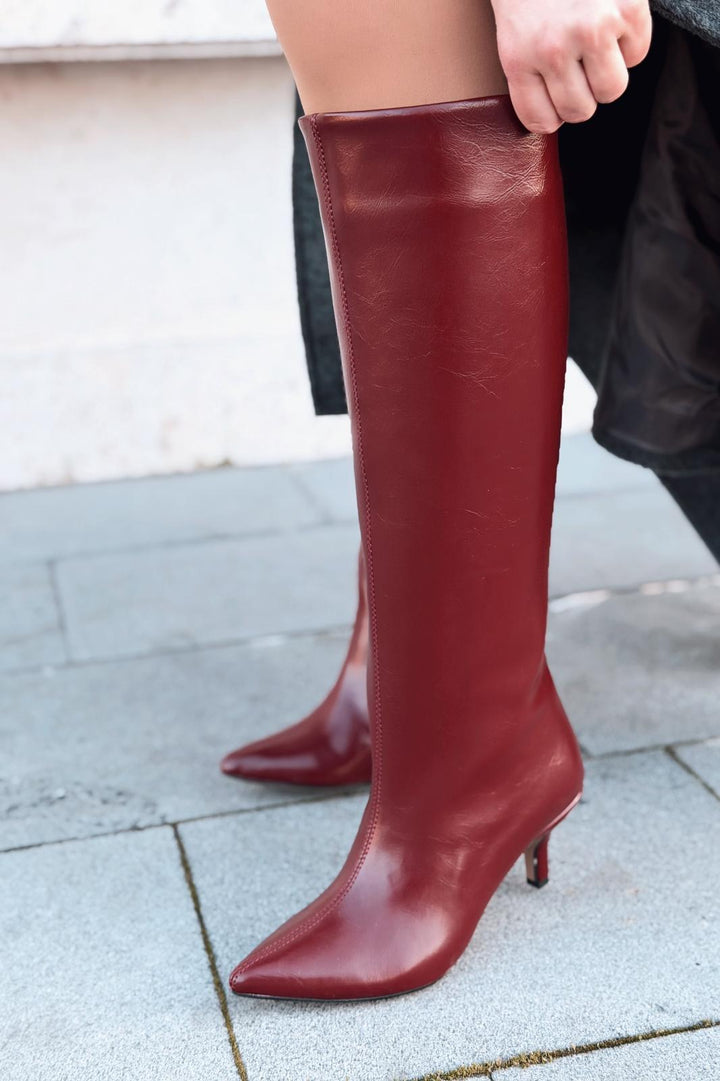 Celmira Kadın Topuklu Çizme Bordo Kırışık Rugan - ILOVESHOES