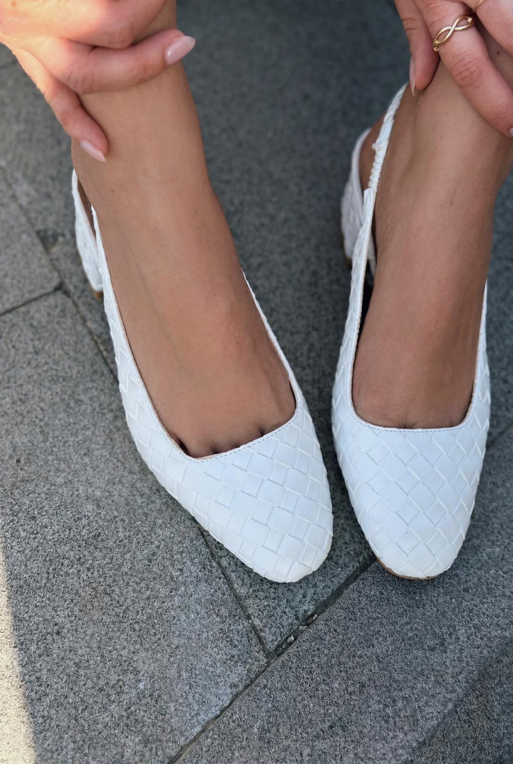 Solen Mary jane Topuklu Ayakkabı Beyaz Mat Deri Örgü Detaylı - ILOVESHOES