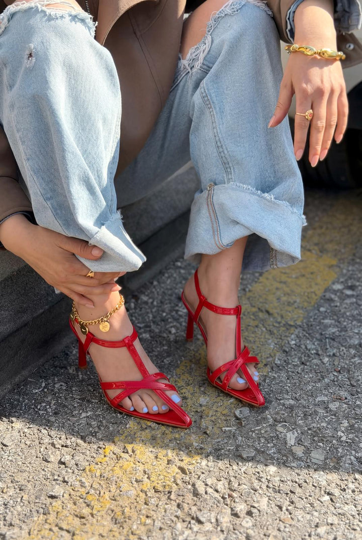 Morlen Topuklu Sandalet Kırmızı Rugan - ILOVESHOES