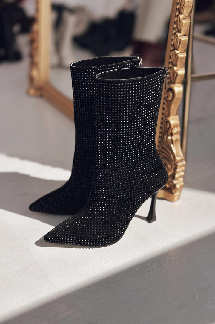 Simley Topuklu Kadın Çizme Siyah Siyah Gri Taşlı - ILOVESHOES