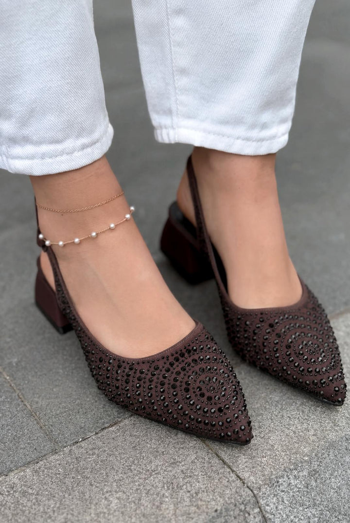 Dunes Topuklu Ayakkabı Acıkahve Saten Siyah Taşlı - ILOVESHOES
