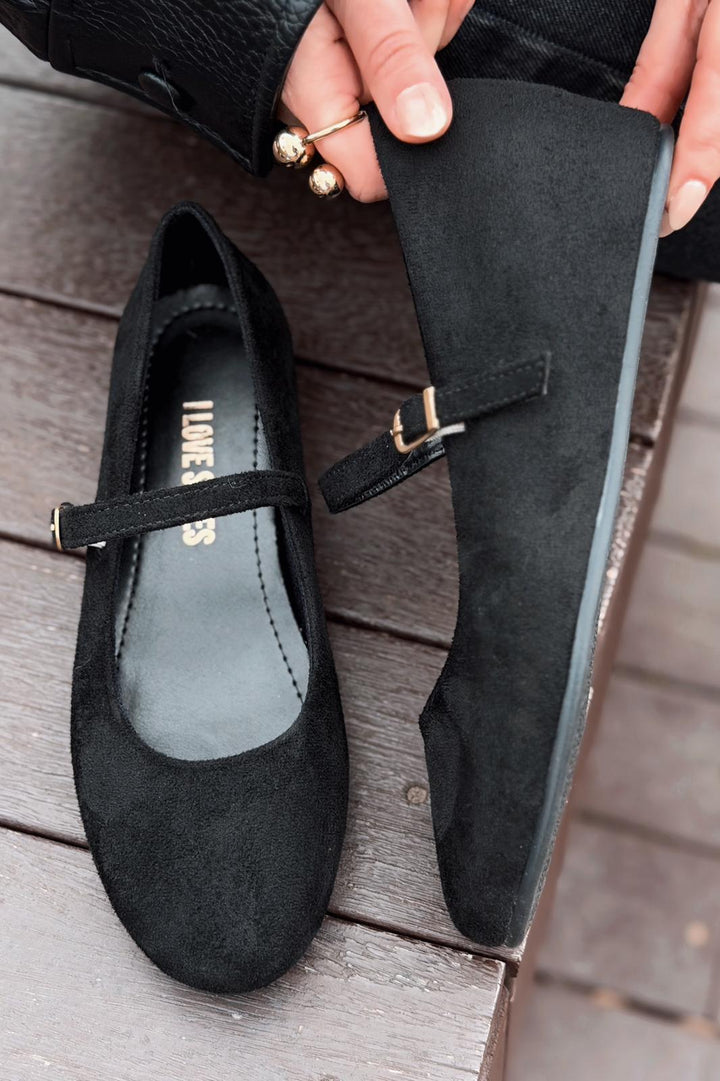 Tenris Kadın Babet Siyah Süet Dolgu Topuklu - ILOVESHOES