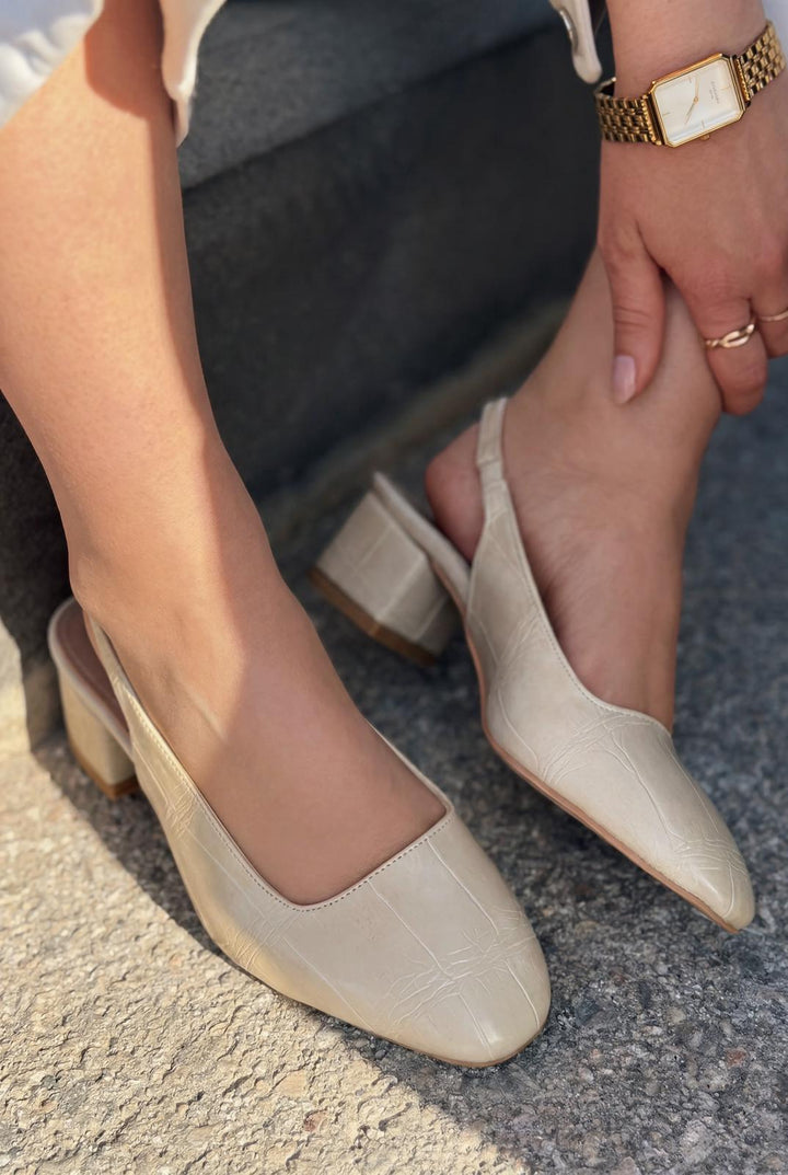 Solen Mary jane Topuklu Ayakkabı Bej Mat Deri Desenli - ILOVESHOES