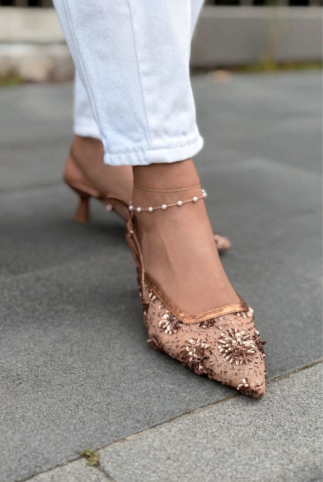 Serona Stiletto Bronz Nakışlı - ILOVESHOES