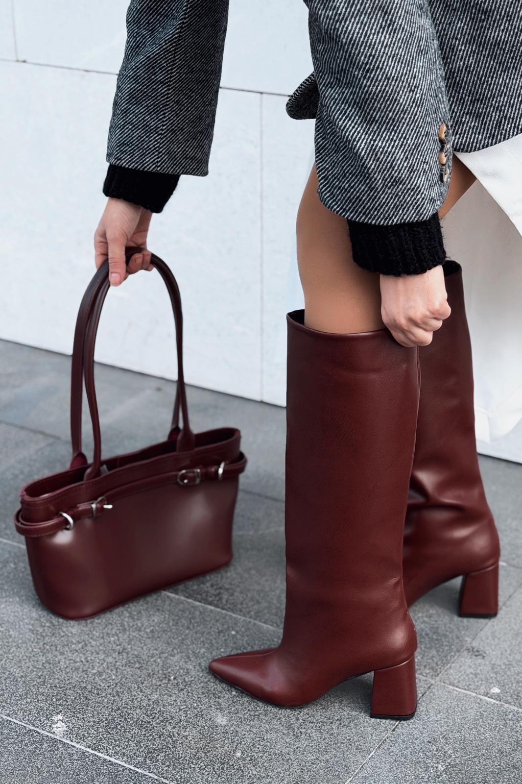 Aurin Omuz Çantası Bordo Mat Deri - ILOVESHOES