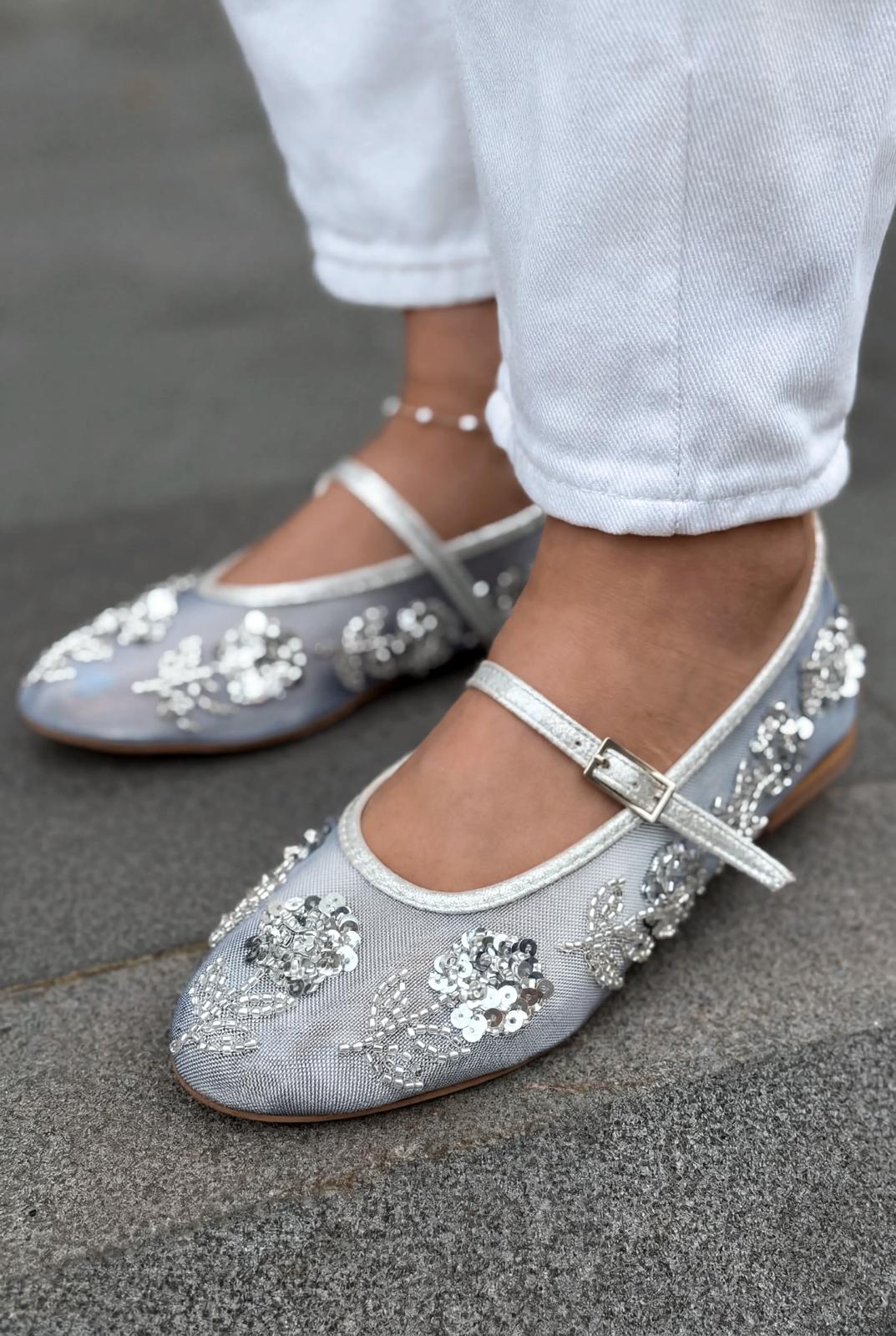 Telora Kadın Babet Gümüş Nakışlı - ILOVESHOES