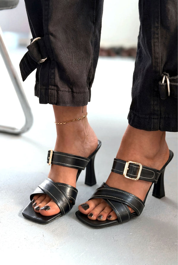 Norden Siyah Mat Deri Kadın Topuklu Terlik - ILOVESHOES