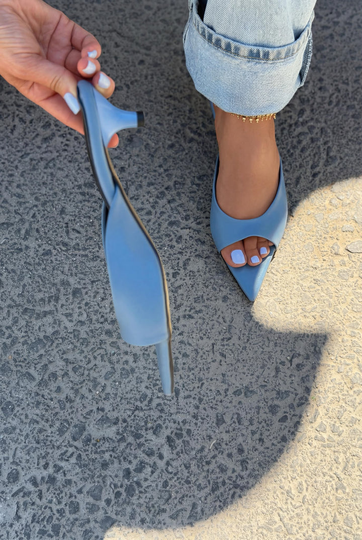 Boreni Mavi Mat Deri Kadın Topuklu Terlik - ILOVESHOES