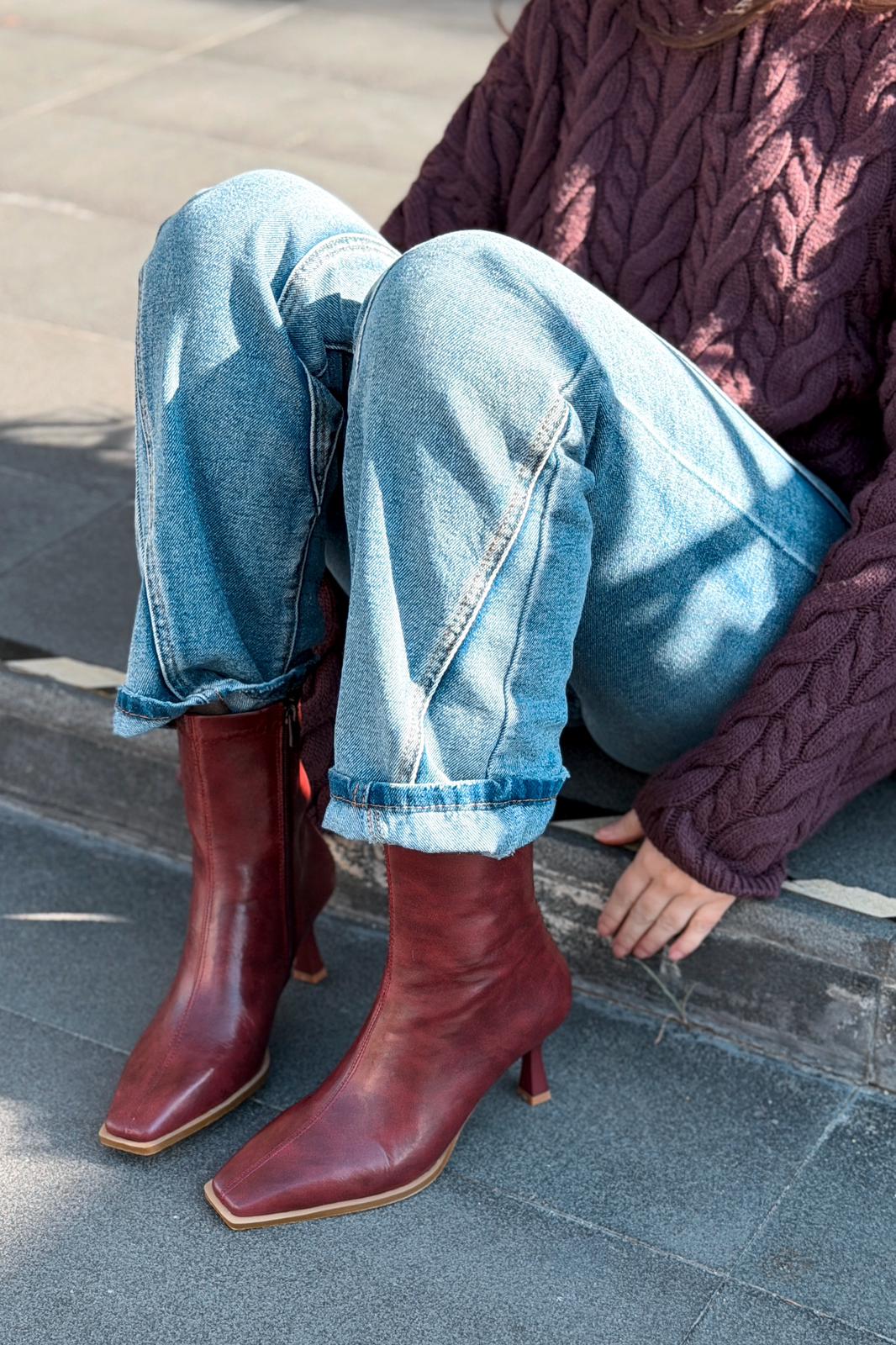 Alderie Kadın Topuklu Bot Bordo Mat Deri - ILOVESHOES