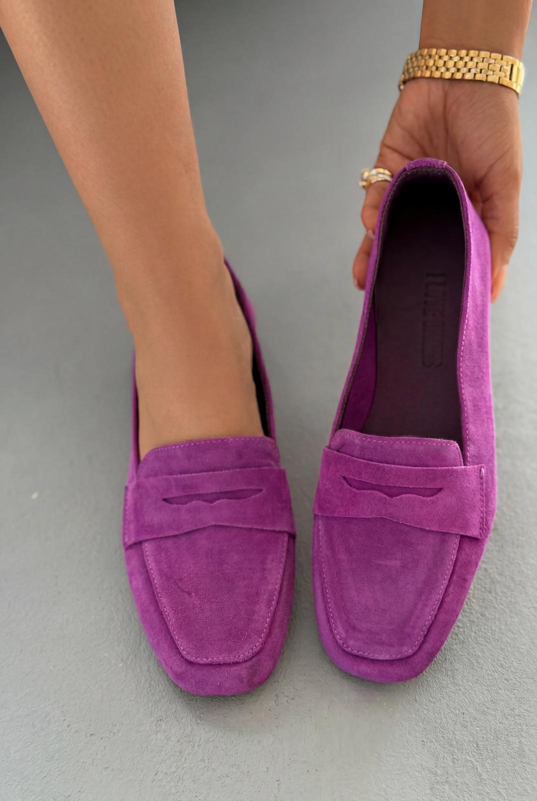 Melniel Mor Hakiki Süet Kadın Loafer - ILOVESHOES