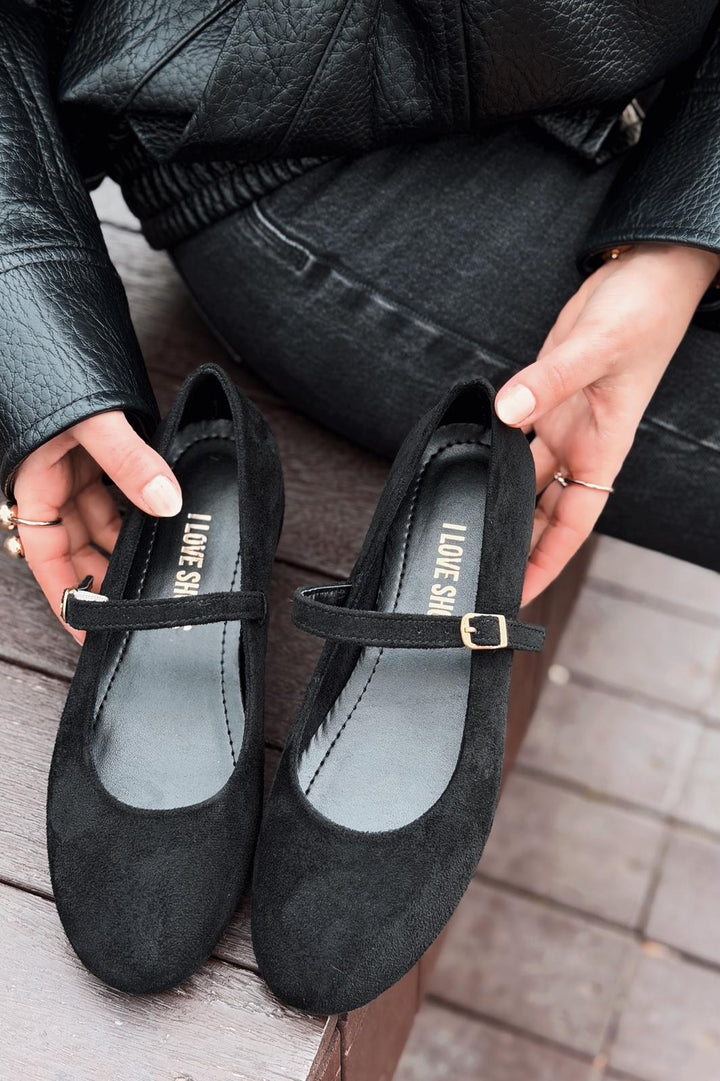 Tenris Kadın Babet Siyah Süet Dolgu Topuklu - ILOVESHOES