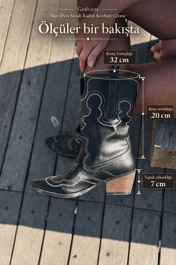Gedrans Mat Deri Siyah Kadın Kovboy Çizme - ILOVESHOES