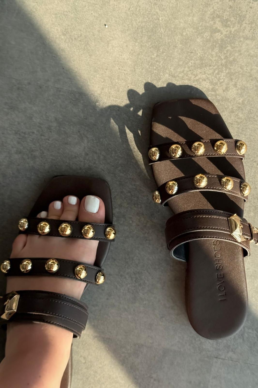 Dawist Mat Deri Acıkahve Troklu Düz Kadın Terlik - ILOVESHOES