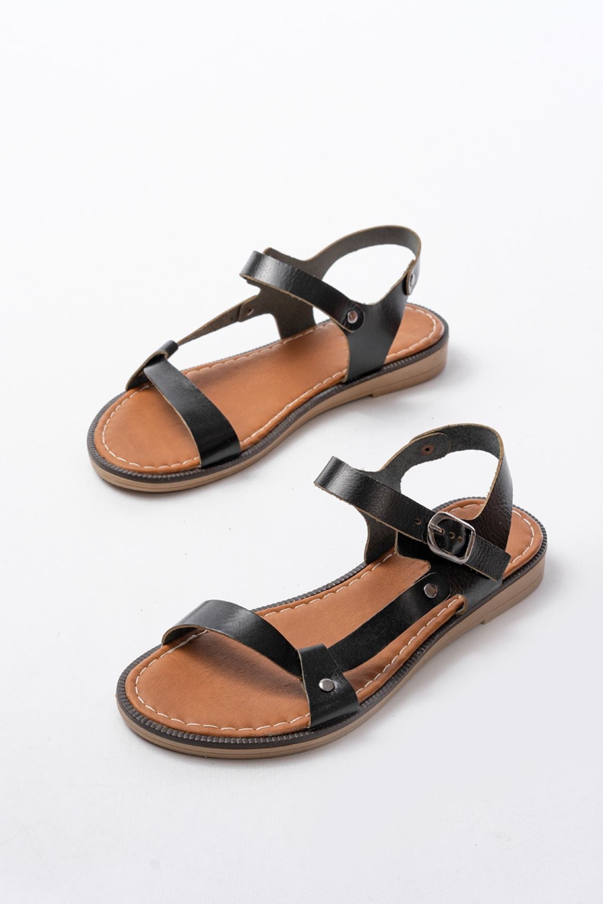 Marilsa Hakiki Deri Siyah Kadın Sandalet - ILOVESHOES