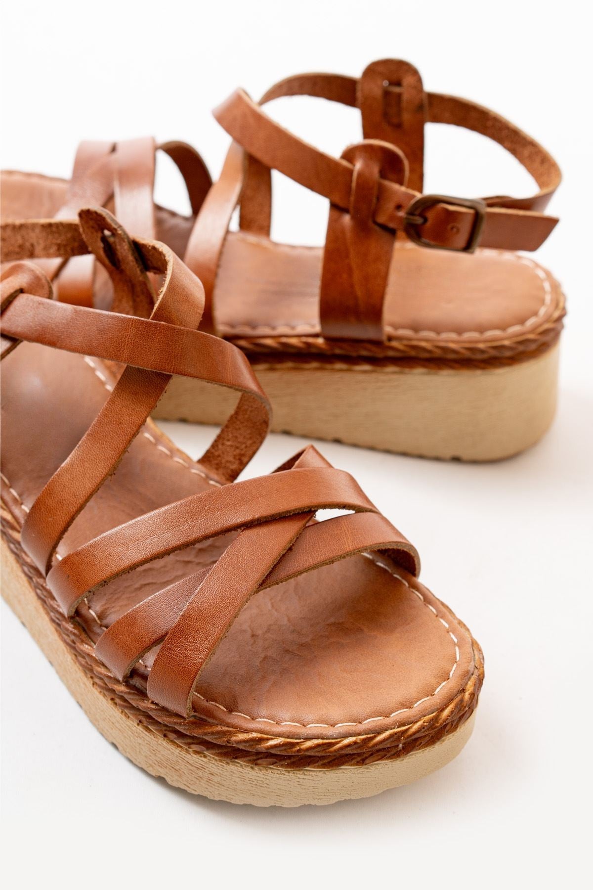 Denvira Hakiki Deri Taba Dolgu Topuklu Kadın Sandalet - ILOVESHOES