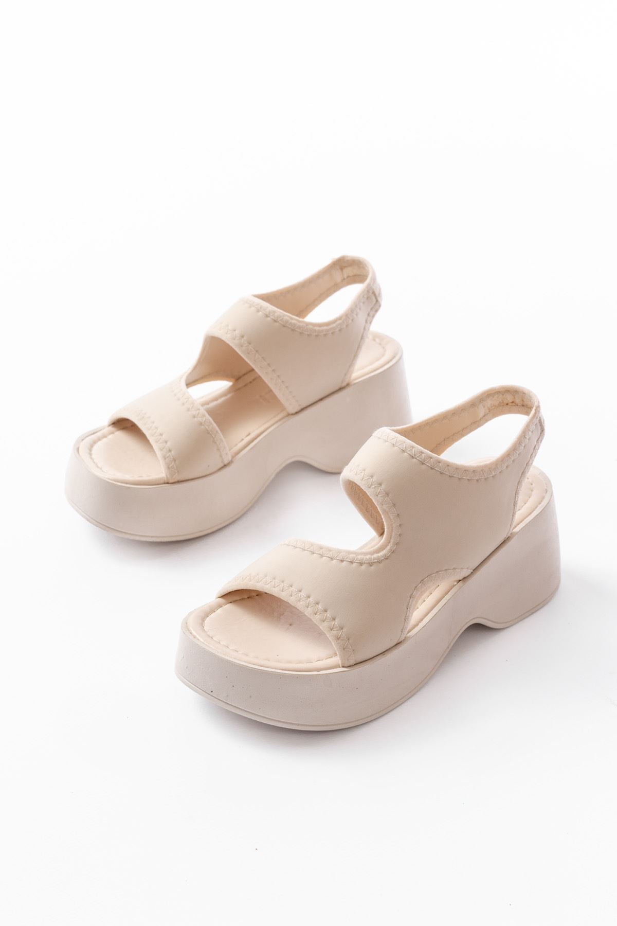 Felya Streç Bej Dolgu Topuklu Sandalet - ILOVESHOES