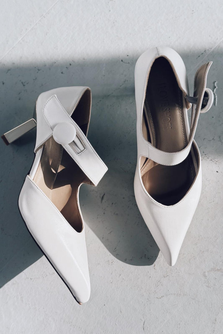 Wasord Mat Deri Düğme Detaylı Stiletto Beyaz - ILOVESHOES